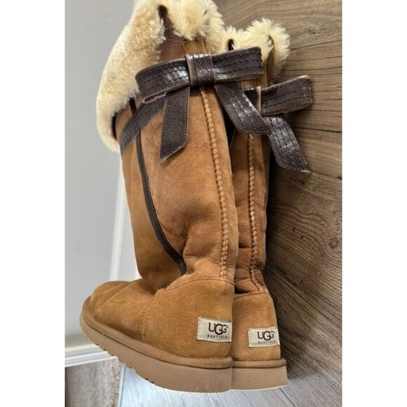 Ugg Genevieve Extra Tall Suede Shearling Boots Bow Back Chesnut Tan Women's 8 - Picture 5 of 9